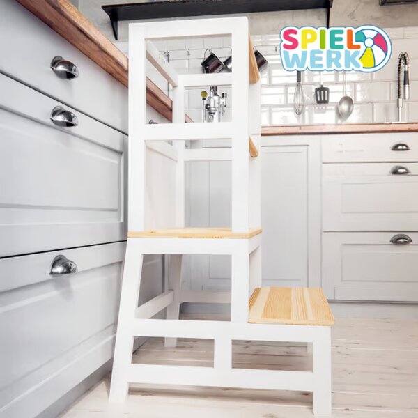 Wieża edukacyjna PLAY z drewna sosnowego, 93x51x50cm, biała/naturalny brąz Spielwerk