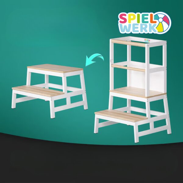 Wieża edukacyjna PLAY z drewna sosnowego, 93x51x50cm, biała/naturalny brąz Spielwerk