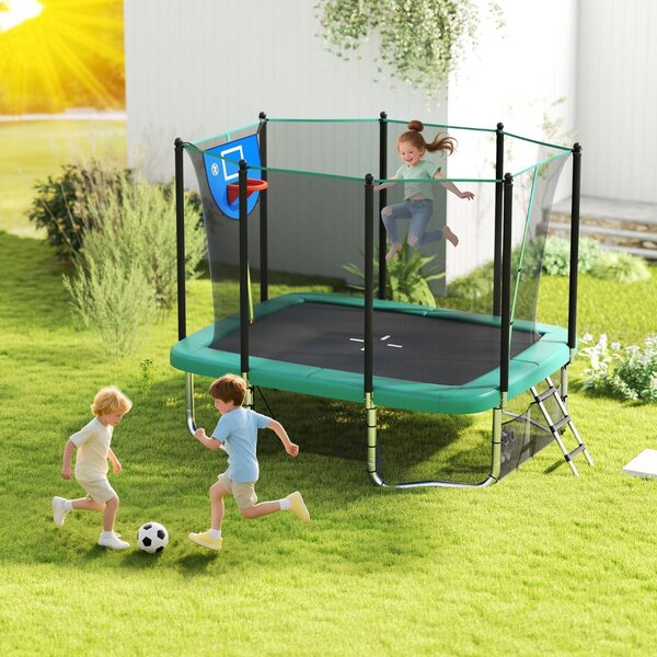 Prostokątna trampolina ogrodowa z drabinką i obręczą do koszykówki