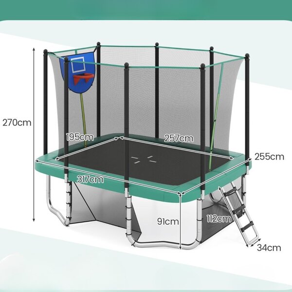 Prostokątna trampolina ogrodowa z drabinką i obręczą do koszykówki