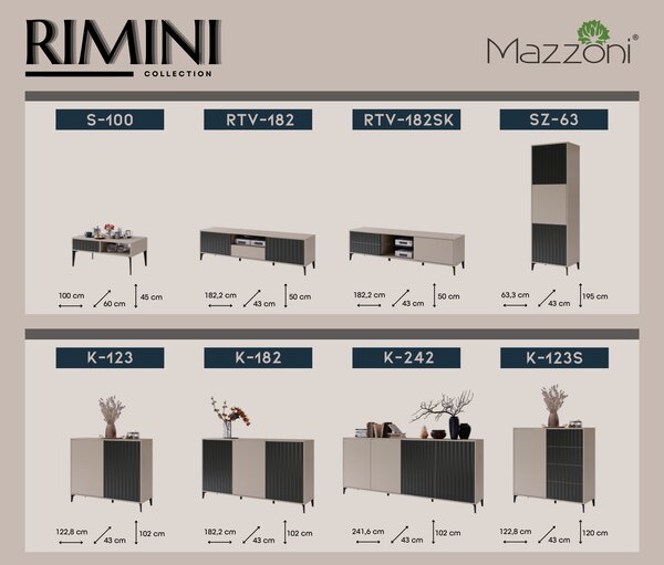 Komoda RIMINI K-123S Beż Taupe/Czarny Mat - NOWOCZESNA SZAFKA Z SZUFLADAMI I RYFLOWANYMI FRONTAMI