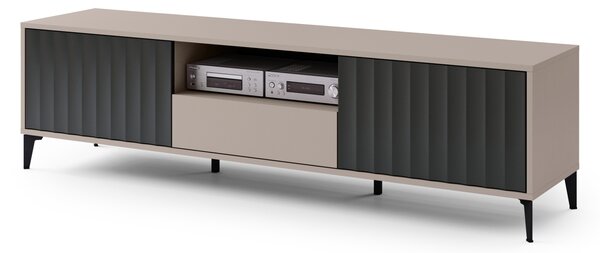Szafka RIMINI RTV-182 Beż Taupe/Czarny Mat - NOWOCZESNA SZAFKA POD TELEWIZOR Z SZUFLADĄ/PÓŁKĄ I RYFLOWANYMI FRONTAMI