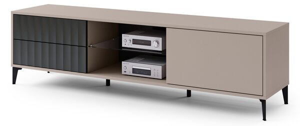 Szafka RIMINI RTV-182SK Beż Taupe/Czarny Mat - NOWOCZESNA SZAFKA POD TELEWIZOR Z SZUFLADAMI/PÓŁKAMI I RYFLOWANYMI FRONTAMI