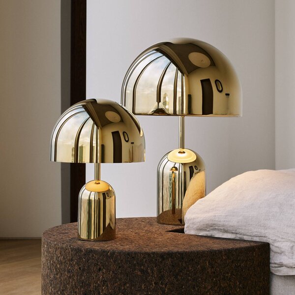 Tom Dixon Lampa stołowa akumulatorowa BELL PORTABLE, złota, 28 cm IP44 możliwość ściemniania, mosiężny / złoty, salon / jadalnia, tworzywo sztuczne, design