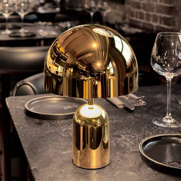 Tom Dixon Lampa stołowa akumulatorowa BELL PORTABLE, złota, 28 cm IP44 możliwość ściemniania, mosiężny / złoty, salon / jadalnia, tworzywo sztuczne, design