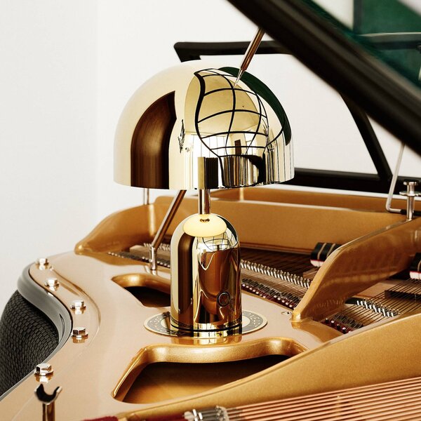 Tom Dixon Lampa stołowa akumulatorowa BELL PORTABLE, złota, 28 cm IP44 możliwość ściemniania, mosiężny / złoty, salon / jadalnia, tworzywo sztuczne, design