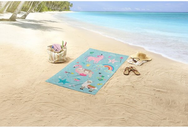 Niebieski aksamitny ręcznik plażowy dla dzieci 75x150 cm Moody – Good Morning
