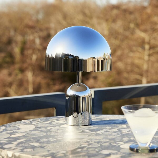 Tom Dixon Lampa stołowa BELL PORTABLE, srebrna, 28 cm IP44 możliwość ściemniania, chromowy / srebrny, salon / jadalnia, tworzywo sztuczne, design
