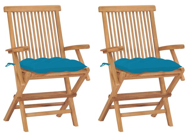 Krzesła ogrodowe z jasnoniebieskimi poduszkami, 2 szt., tekowe
