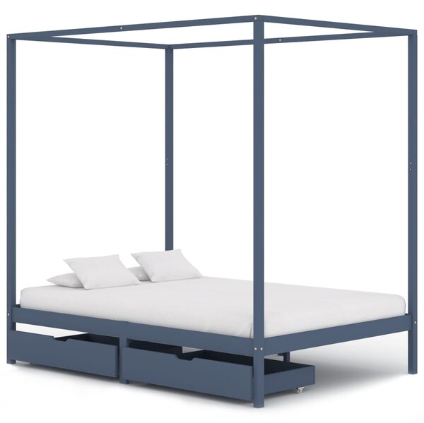 Rama łóżka z baldachimem, 2 szuflady, szara, sosna, 140x200 cm