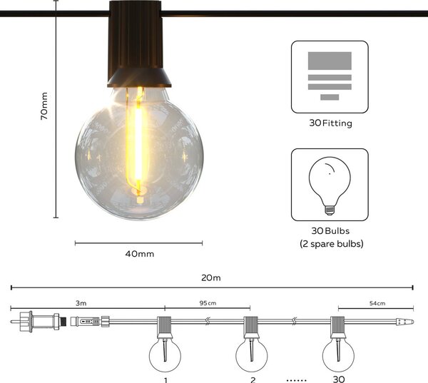 Calex Solar łańcuch świetlny LED Vista, długość 20 metrów, IP44 możliwość ściemniania, czarny, tworzywo sztuczne