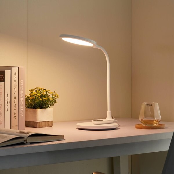 Lampa biurkowa LED Valtaria Lindby, możliwość ściemniania, biały / opal, biuro, tworzywo sztuczne, nowoczesny