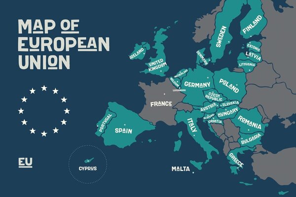 Tapeta mapa edukacyjna z nazwami krajów UE