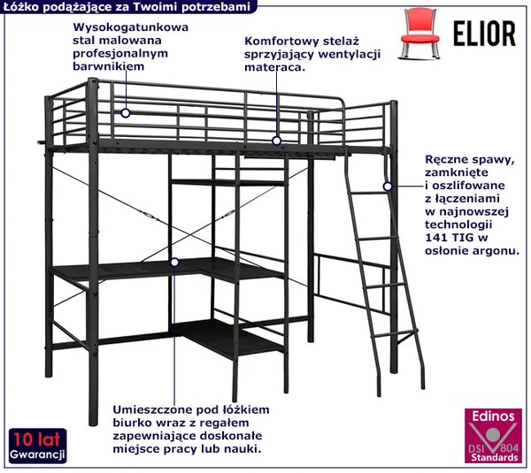 Czarne metalowe łóżko z regałem 90x200 cm H4-K63