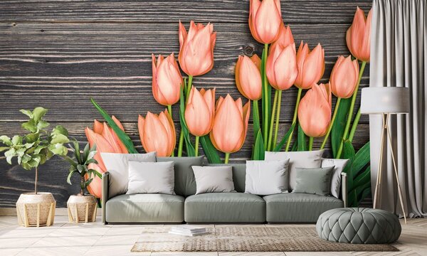 Fototapeta pomarańczowe tulipany na drewnianym tle