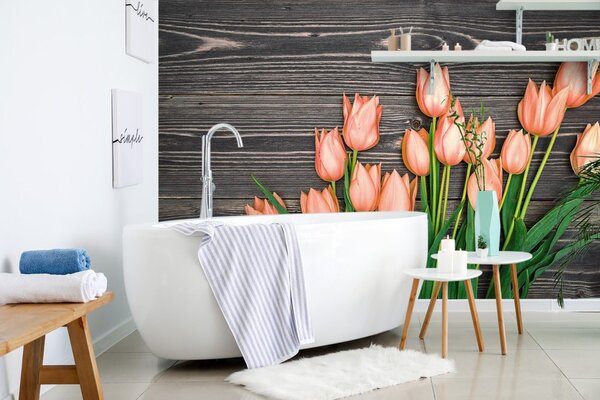 Fototapeta pomarańczowe tulipany na drewnianym tle