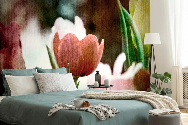 Tapeta tulipanowa łąka w stylu retro