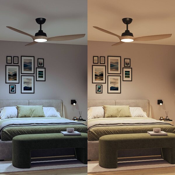 Philips Wentylator LED Olas, Ø 132 cm, brązowy/czarny, cichy możliwość ściemniania, jasne drewno, salon / jadalnia, tworzywo sztuczne, nowoczesny