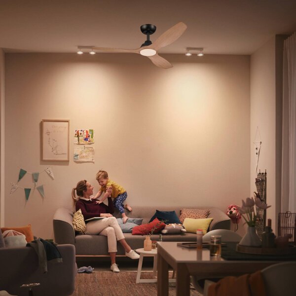 Philips Wentylator LED Olas, Ø 132 cm, brązowy/czarny, cichy możliwość ściemniania, jasne drewno, salon / jadalnia, tworzywo sztuczne, nowoczesny