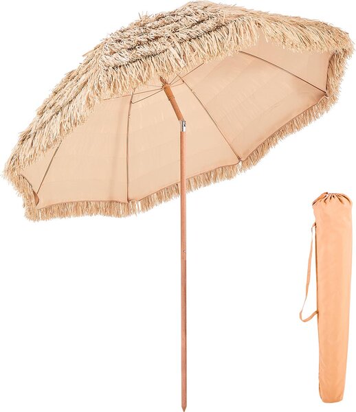 Parasol plażowy w stylu hawajskim firmy SucceBuy, idealny na plażę i taras, z możliwością regulacji kąta nachylenia, średnica 2,44 m (wykonany z materiału przypominającego słomę)