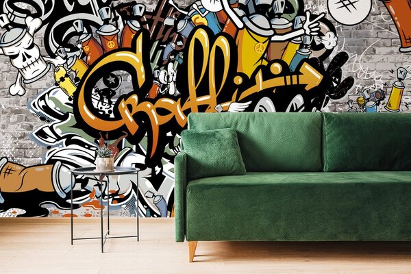 Tapeta graffiti na ścianie z cegły
