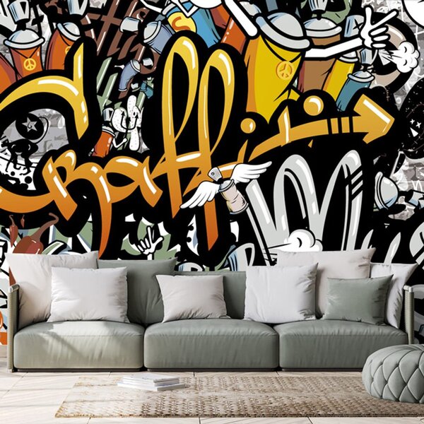 Tapeta graffiti na ścianie z cegły