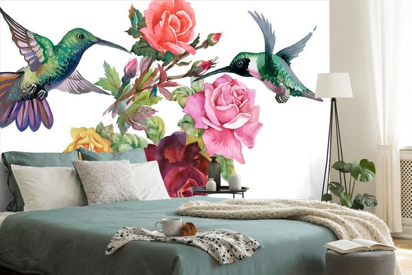 Tapeta kolibry z kwiatami