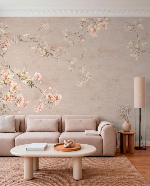 Fototapety Delikatne kwiatowe gałązki w stylu chinoiserie na jasnym tle, Fototapety Vintage, w05427 : Uwalls.pl