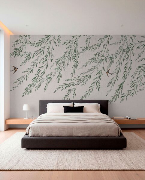 Fototapety Zielone gałęzie i ptaki na jasnym tle, Fototapety Natura, w05630 : Uwalls.pl