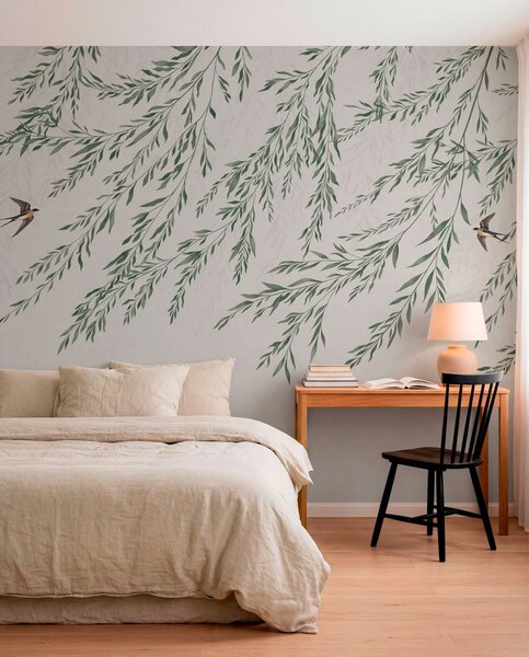 Fototapety Zielone gałęzie i ptaki na jasnym tle, Fototapety Natura, w05630 : Uwalls.pl