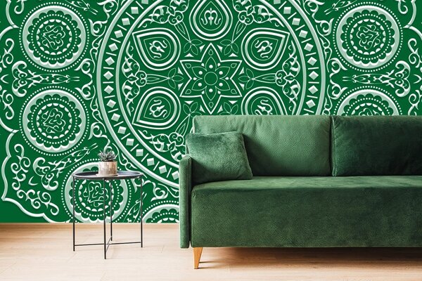 Tapeta delikatna etniczna mandala w kolorze zielonym