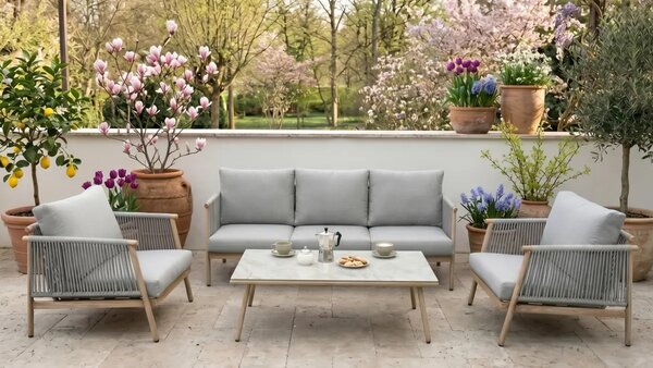 Aluminiowy zestaw mebli tarasowych (Duża sofa, 2 x fotel i stolik) BLANDO jasno szary, aluminium