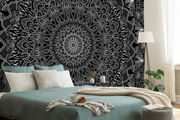 Tapeta szczegółowa dekoracyjna mandala w czerni i bieli