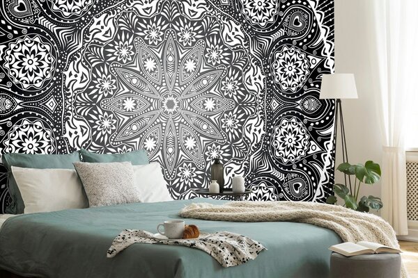 Tapeta ozdobna mandala z koronką w czerni i bieli