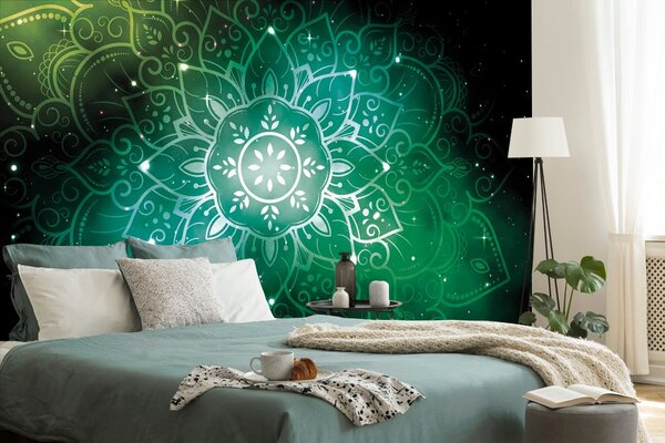 Tapeta zielona mandala z galaktycznym tłem