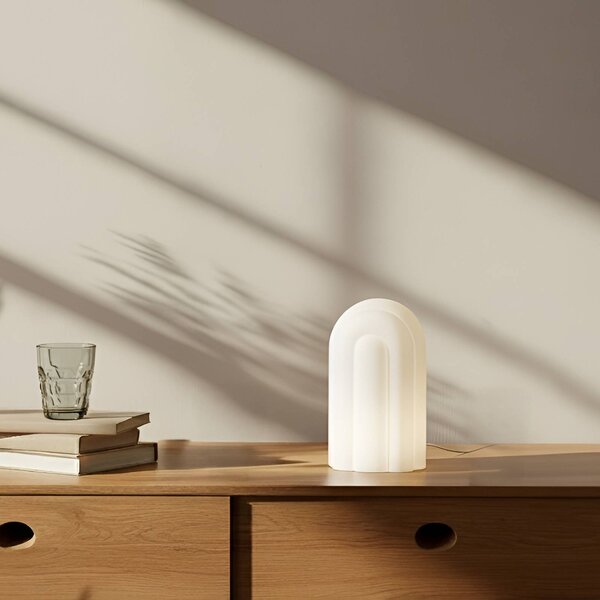 Lampa stołowa LED Lunja Lucande, możliwość ściemniania, biały / opal, salon / jadalnia, szkło, nowoczesny