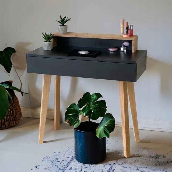 Toaletka / konsola "LENA PLUS" czarna+ dąb artisan 90cm, bukowe lakierowane nóżki