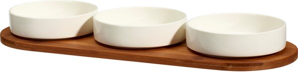 Zestaw porcelanowych miseczek do serwowania przekąsek APERIO, 3 x 390 ml, bambusowa taca