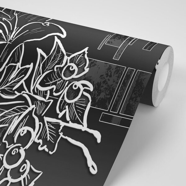 Tapeta czarno-biała ilustracja kwiatowa