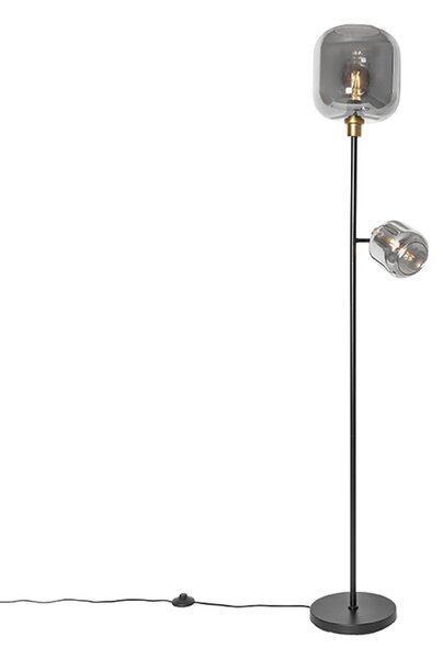 Lampa podłogowa czarna ze złotem i dymionym szkłem 2-światła - Zuzanna