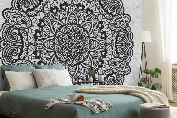 Tapeta kwiatowa mandala w czerni i bieli