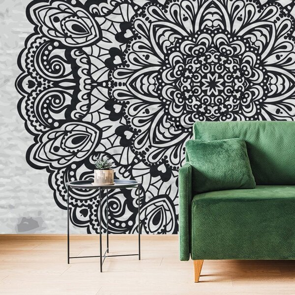 Tapeta kwiatowa mandala w czerni i bieli