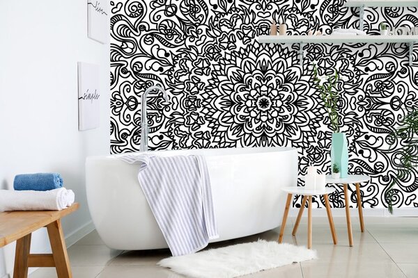 Tapeta ornament z motywem kwiatów w czerni i bieli