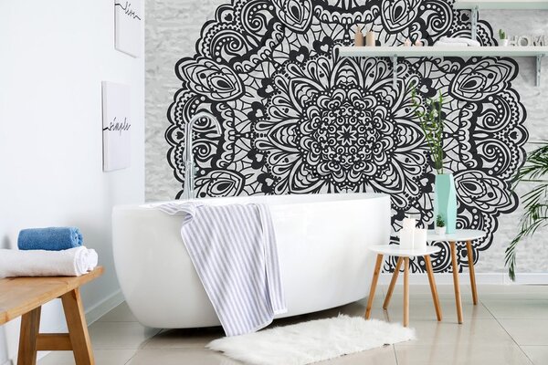 Tapeta kwiatowa mandala w czerni i bieli