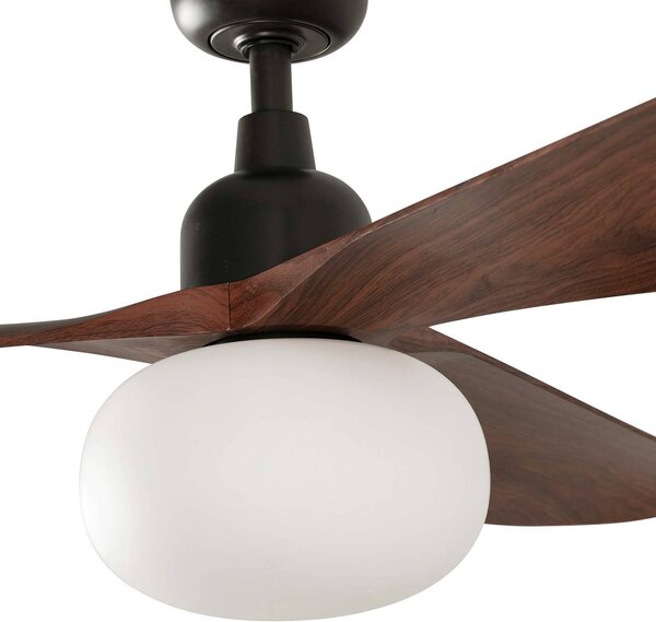 FARO BARCELONA Wentylator sufitowy z lampką Outwood, brązowy, DC, cichy, Ø150cm możliwość ściemniania, czarny, salon / jadalnia, tworzywo sztuczne, nowoczesny