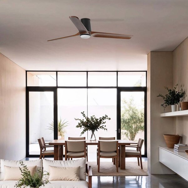 FARO BARCELONA Wentylator LED Heywood L, Ø132 cm, czarny/w kolorze drewna, DC, CCT możliwość ściemniania, ciemne drewno, salon / jadalnia, drewno, nowoczesny