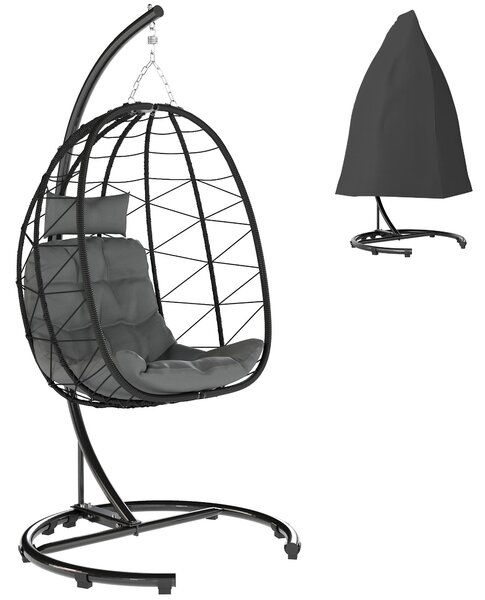 Krzesło wiszące "Egg" z rattanu PE i stali, fotel wiszący składany, odporny na warunki atmosferyczne, czarny | 102x102x195 cm | do 150 kg | w zestawie poduszka