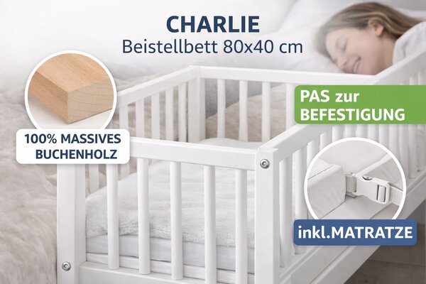 Łóżeczko dziecięce 80x40 bukowe CHARLI biały opuszczany bok + materac