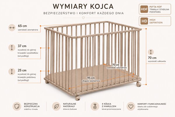 Kojec Dzieciecy Skladany Bukowy HUGO 95 x70 Kaszmir