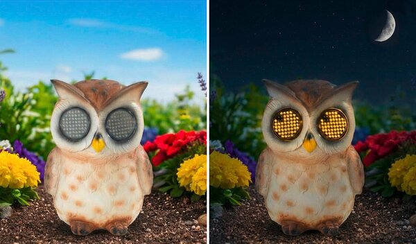 Figurka ogrodowa solarna, sowa z mrugającymi oczami LED, 13 cm